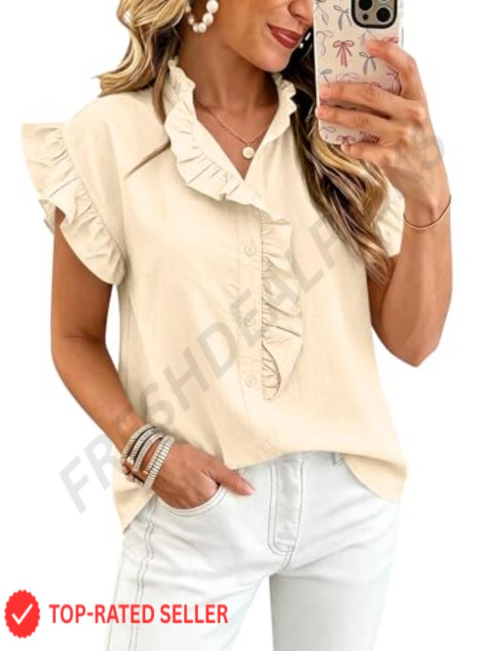 Womens Ruffle Cap Sleeve Button Down Plaid Blouse Cropped V Neck